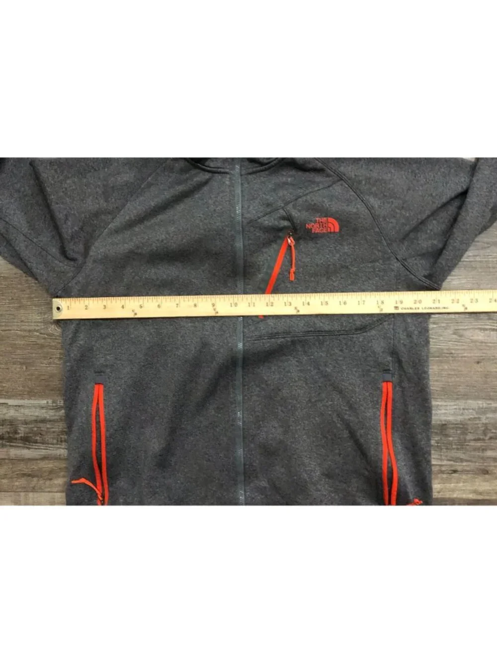 The North Face Mens Medium Gray with Neon Orange Full Zip Hooded Fleece Jacket